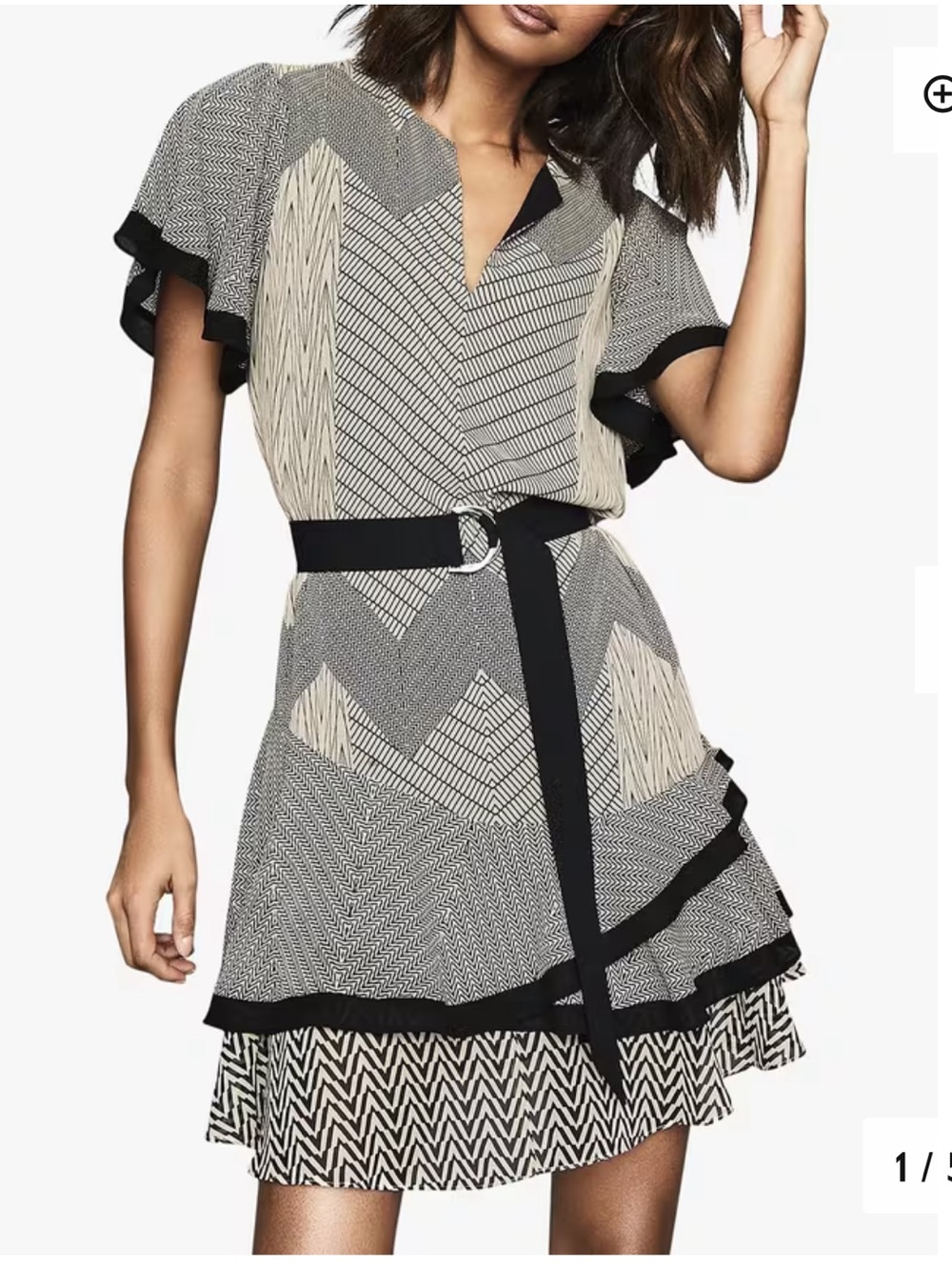 Reiss Hannah, Black and Cream Geometric Print, Mini Dress